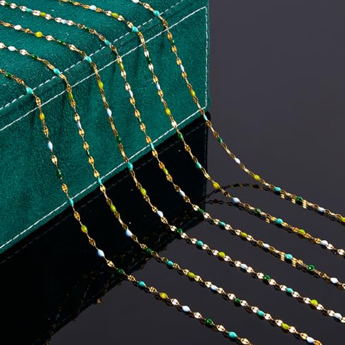 UMAOKANG 16.4 Feet Mixed Green Enamel Jewelry Making Chain Gold Plated Stainless Steel Chains Bulk on Spool - color: Gold-Green Colorful