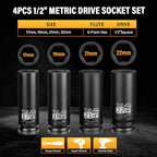 4 Pieces 1/2 inch Drive Deep Impact Socket Set,Metric,17mm 19mm 21mm 22mm,Cr-Mo,6-Point,Spindle Axle Nut Impact Socket - size: 1/2" Deep 4pc