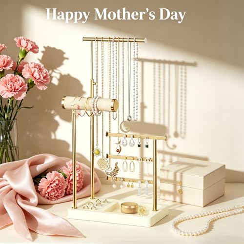 SZQINJI 5 Tier Jewelry Holder Organizer, Gold Jewelry Stand with Velvet Bracelet Holder, Adjustable Height Jewelry Display for Necklaces, Bracelets, Earrings, Rings, Gift Idea for Women, Beige - color: Beige