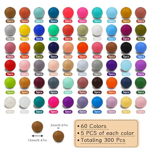 300pcs Silicone Beads for Keychain Making Kit 60 Colors Focal Rubber Round Mixed Color Silicone Beads Bulk for Pens, DIY Keychain,Necklace Bracelet Making Kit, Jewelry,Art Crafts