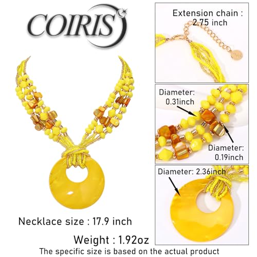 Coiris Shell Pendant Statement Strand Necklace for Women Boho Multi Beads Natural Stone Colorful Necklace Bohemian Handmade Chunky Shell Beaded Collar Jewelry for Women - color: Yellow