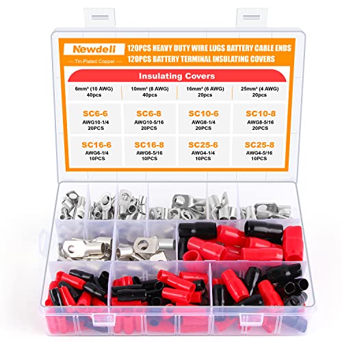 Newdeli 240pcs Heavy Duty Wire Cable Lug Kit, Including 120pcs Tinned Copper Battery Cable Ends Eyelets Tubular SC Ring Terminals + 120pcs Battery Terminal Insulating Covers, Copper Wire Lugs - style: 240Pcs Lugs and Insulating Covers