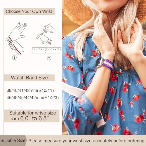 Newlibery Natural Stone Bracelet Beaded-Bands Women Compatible with Apple Watch 38mm 40mm 41mm 42mm (S10/11) Feminine Cute Handmade Stretch Strap for iWatch Series 11/10/9/8/7/6/5/4/3/2/1 SE 3/2/1 - color: A4 Amethyst Quartz, size: 38/40/41/42mm(S10/11)