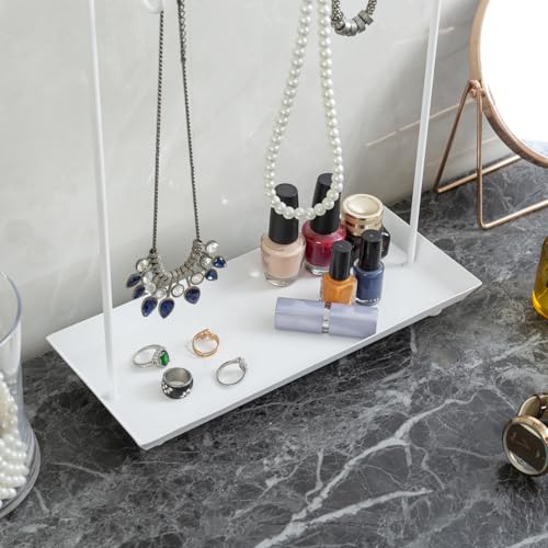 MyGift White Metal Jewelry Organizer Stand for Necklaces with 20 Hooks and Ring Tray - color: White