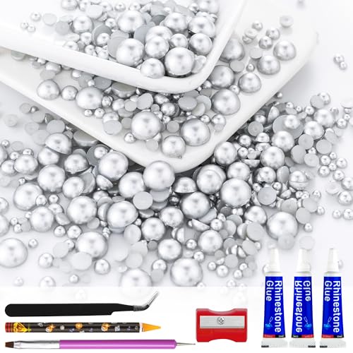 60g Antique Silver Flatback Half Round Pearls Mixed Size 3-10mm Resin Craft Beads for Nail Art, Face Gems, DIY Jewelry Making - color: Antique Silver, size: 60g