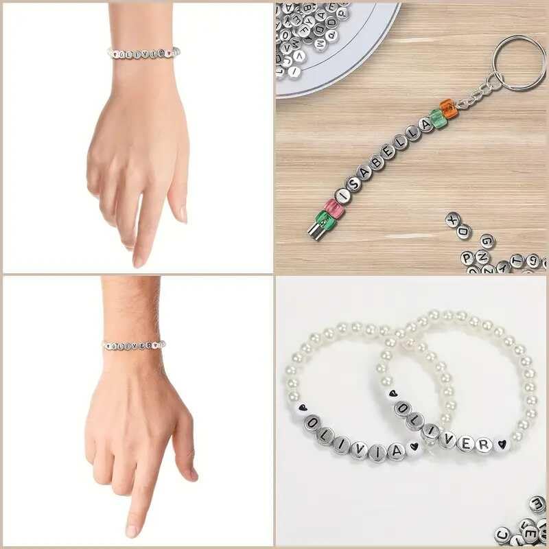 Song Xi 1200pcs Silver Letter Beads for Bracelets, 4x7mm Black Alphabet Beads Friendship Bracelets Jewelry Making Kit for Christmas Gifts - color: 1200pcs white rose gold letter