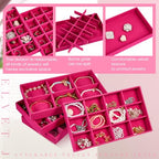 Junkin 12 Pcs Jewelry Tray Velvet Stackable Jewelry Organizer Trays Divided Earring Accessories Storage Containers Box (Rose Red) - color: Rose Red