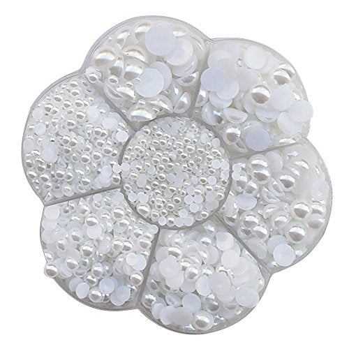 Chenkou Craft Random 1900pcs Assorted 7 Sizes (3/4/5/6/7/8/10mm) Imitation Half Pearl Bead Flatback Scrapbook Craft DIY Loose Beads + Plastic Box (White) - color: White