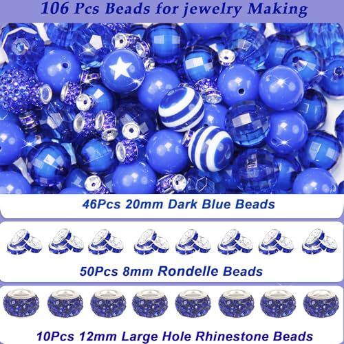 106Pcs 20mm Beads for Pens Making with Rondelle Spacer Beads Dark Blue Acrylic Focal Bubblegum Bead Crystal Round Sparkly Chunky Bead for Pens Beadable Keychain DIY Craft Jewelry Making Supplies - color: Dark Blue