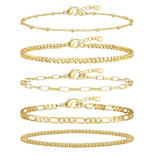 adoyi Gold Bracelets for Women, 14K Gold Plated Stackable Bracelet Stack Set Adjustable Charm Paperclip Chain Cuban Link Layered Waterproof Jewelry Sets Gifts for Womens - color: Gold 6.8 IN General Wrist