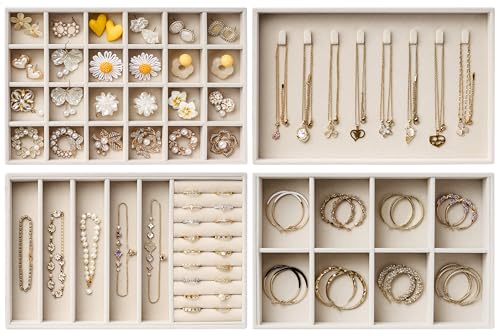Velvet Jewelry Drawer Organizer Trays – Large Beige Stackable Jewelry Storage Inserts Set, 4-Layer Jewelry Tray Set for Earrings, Rings, Necklaces, Bracelets with Removable Dividers for Dresser,Vanity - color: Beige, size: Expanded (Magazine Size)
