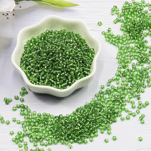 Transparent Green with Silver Lined Beads Size 8/0 Crafts Glass Seed Beads 3mm for Jewelry Making (Total About 100g About 3600pcs) - color: Transparent Green with Silver Lined, size: 3mm