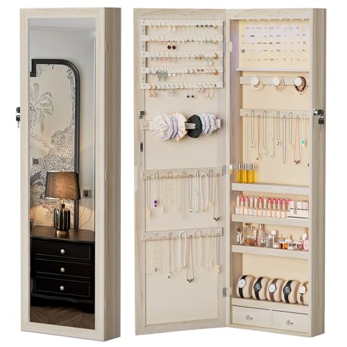 DUMOS 6 LEDs Mirror Jewelry Cabinet, Wall or Door Mounted Jewelry Organizer, 47.2-Inch Tall Lockable Large Capacity Cosmetic Storage, Gift Idea - color: Khaki