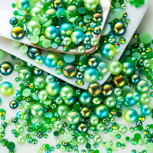 60g Cyan Green St Patricks Day Flat Back Pearls Rhinestones for Crafts Mixed Size 3mm-10mm AB Color Round Half Pearls Flatback Pearl Beads and Resin Rhinestones Set for Face Art with Glue - color: Cyan-Green Series, size: 60g