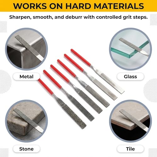 Drilax 6-Pc Diamond File Set, Flat Hand Files (40–600 Grit) Heavy-Duty Diamond Sharpening & Finishing Tools for Glass, Jewelry, Stone, Metal Precision Craft Files for DIY, Workshop & Professional Use