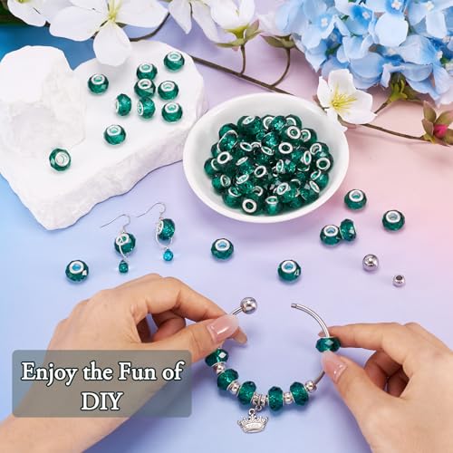 100pcs 14mm Large Hole Glass Beads Dark Cyan European Beads Lampwork Loose Spacer Beads for Christmas DIY Craft Snake Chains Charms Bracelet Necklace Earring Making Hole: 5mm - color: Dark Cyan