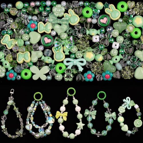 LAIDANLA Acrylic Green Beads for Keychain Making Green Cute Beads for Jewelry Bracelets Necklace Phone Charm Assorted Random Aesthetic Kawaii Kandi Bead Charms 160g - color: Green