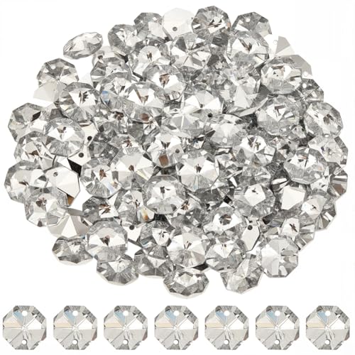 1 Box 120Pcs 14mm 2 Hole Octagon Beads Silver Crystal Glass Octagon Beads Chandelier Replacement Connector Suncatcher Faceted Spacer Prisms for DIY Lamps Hanging Ornament Pendant Jewelry - color: Silver