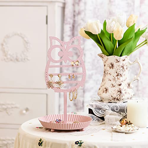NIKKY HOME Earring Holder Hanging Organizer Stand Metal Jewelry Tree Table Top Owl Ear Stud Holder Tower Rack with Ring Tray for Girls (134 Holes), Pink - color: Pink