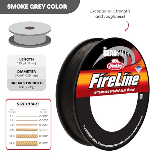 The Beadsmith Fireline by Berkley – Micro-Fused Braided Thread – 6lb. Test, .006”/.15mm Diameter, 125 Yard Spool, Smoke Grey – Super Strong Stringing Material for Jewelry Making and Bead Weaving - color: Smoke Grey, size: 6lb, .006", 125 yard