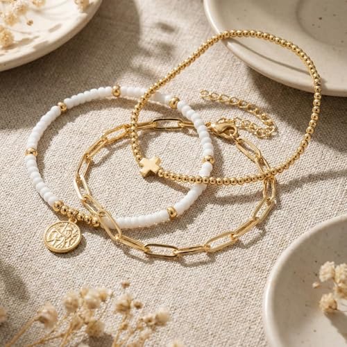 Christian Cross Jesus Pendant Charm Gold Rope String Beaded Bracelets Stack Set for Women,Handmade Bohemian Colorful Adjustable Jewelry,God Lucky Protection Friendship Gift - color: White Ball