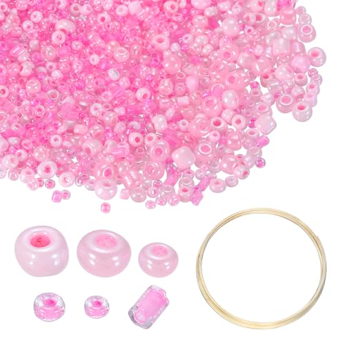 uxcell 3000pcs Glass Seed Beads, 1.5-4.5mm Small Embroidery Bugle Beads Assorted Tube Bead Loose Kit for Jewelry Making DIY Craft Beading Bracelets Necklace Earring (Pink) - color: Pink