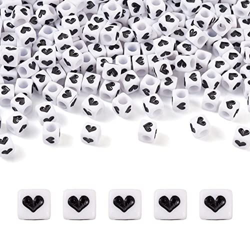 Cheriswelry 200pcs 6mm White Cube Acrylic Heart Beads Black Opaque Crystal Loose Spacer Large Hole Beads Plastic Love Heart Charms for DIY Craft Earring Bracelet Necklace Jewelry Making - color: Cute Heart Beads