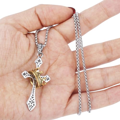 Stainless Steel Cross Necklace for Men, 24 Inch Crown Cross Chain Elegant Religious Jewelry Gift Non-Detachable Crown for Him