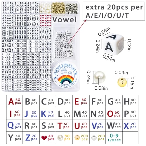 MIIIM 1650 Pcs Pony Beads Letters for Bracelets Making, Vowel-Rich Alphabet Kit with Minimized Rare Characters, 6x7mm Large Hole Square Letter Beads, Numbers (White and Black) - color: Square White and Black