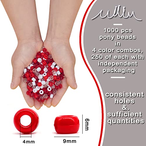 MIIIM 1000PCS 6x9mm Pony Beads Bulk, 4 Styles Red Kandi Beads for Bracelets Making Kit, Hair Braids Crafts for Jewelry Making (Red) - color: Red