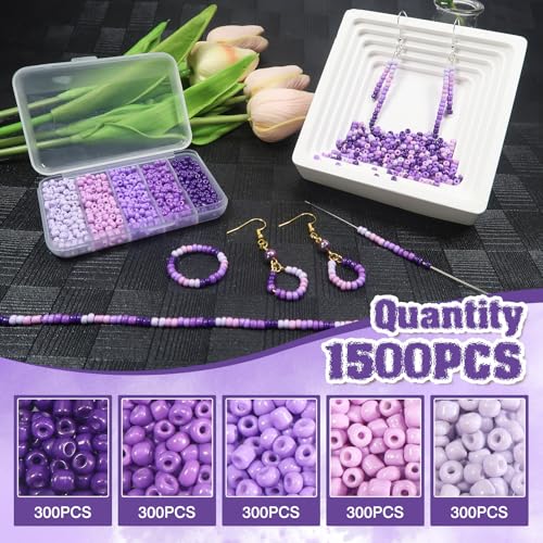TOAOB 1500pcs 3mm Purple Colors Opaque Seed Beads Kit Glass Round Small Spacer Beads with Beading Pin for DIY Beading Weaving Earrings Bracelets Necklaces Eyeglass Chain Art Crafts Jewelry Making - color: Purple Series