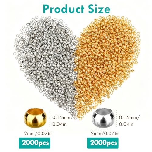 4000 Pcs 2mm Crimp Beads Metal Round Crimp Beads Smooth Gold Silver Bead Metal Clamp Ends Tiny Stoppers Bead for DIY Bracelet Necklace Earring (Gold and Silver)