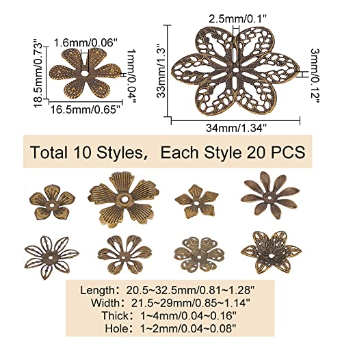 PandaHall 200pcs Flower Spacer Beads, 10 Styles Iron Flower Bead Cap Filigree Tibetan End Caps for DIY Earrings Bracekets Necklace Jewelry Craft Making Supplies, Antique Bronze - color: Antique Bronze