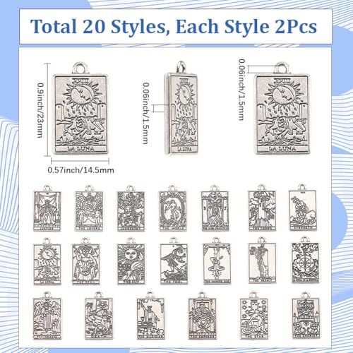 SUNNYCLUE 1 Box 40pcs 20 Styles Silver Tarot Card Charms Tarot Charms Bulk Antique Silver Tibetan Style Rectangle Moon Sun Star Lucky Ouijas Halloween Gothic Pendants Bulk for Jewelry Making Earrings - color: Antique Silver