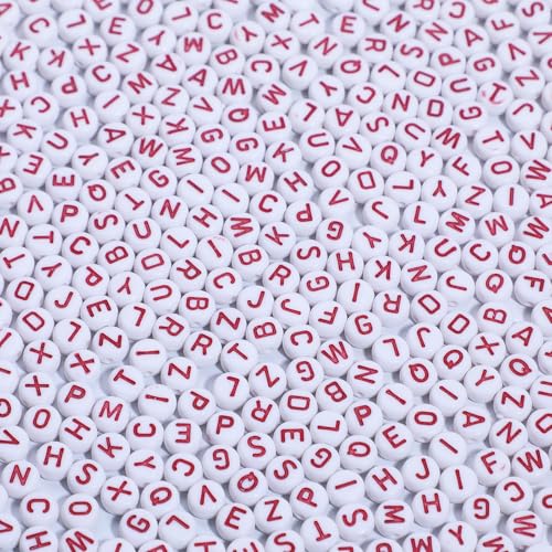600pcs Acrylic Letter Beads Alphabet Red Letters White Round Bead, 4x7mm, for Friendship Bracelets and Gifts Souvenir Jewelry Making - color: Red Letter White Bead