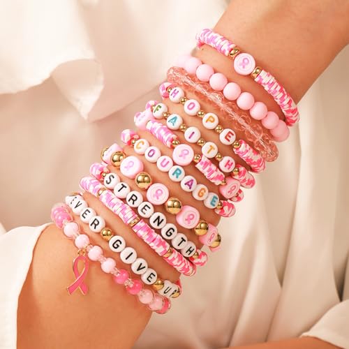 12pcs Halloween Heishi Beaded Bracelets for Women-Spooky Ghost & Pumpkin Party Favors Boho Stackable Polymer Clay Bead- Stretch Friendship Bracelet Set - style: Breast Cancer 1
