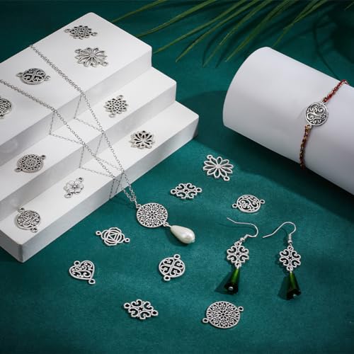 PH PandaHall 120pcs Tibetan Pendent 12 Style Antique Filigree Pendants Alloy Connector Teardrop Heart Lotus Shaped Linking Decoration Pendants for Bracelet Necklace Earring Jewelry Making Diwali