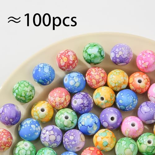 16mm Acrylic Beads 100pcs Chinese Ceramic Style Spacer Bead Loose Beads for DIY Crafting Necklace Bracelet Jewelry Making Keychain (smw) - color: green&purple&blue