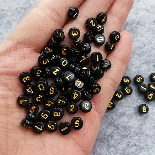 Amaney 500pcs Black Acrylic Gold Number Beads 7x4mm Mixed Acrylic Round Shape Loose Beads - color: BlackGold, size: 7x4mm