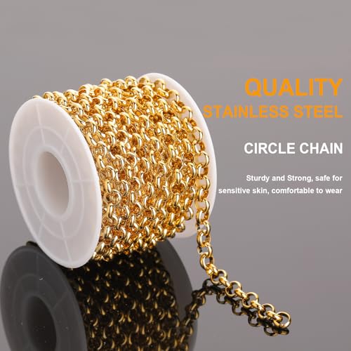 KYUNHOO 13 Feet/4M Gold Plated Chain for Jewelry Making 6mm Round Circle Chain Link on Spool Stainless Steel Chain Roll for Handcraft Making Supply Jewelry Findings - color: Gold Circle