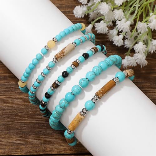 5Pcs Crystal Bracelet for Women Spiritual Natural Stone Bracelet Set Stackable Beaded Bracelets Healing Crystal Bracelet Gemstone Bead Bracelet Beaded Stretch Bracelets for Women - style: Turquoise