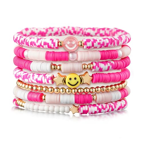 LieToi Preppy Heishi Bracelets Set Colorful White Gold Smile Heart Star Evil Eye Beaded Polymer Clay Pearl Stackable Charm Y2K Kidcore Summer Beach Bohemian Layering Bracelets Jewelry for Women Girls Teens - color: Q-7Pcs-Pink Spot