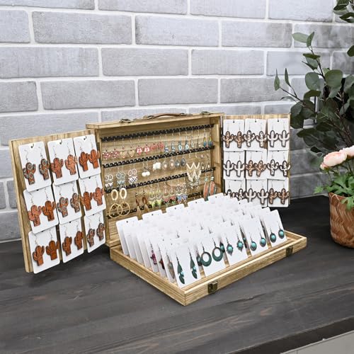 Ikee Design Wooden Earring Display with 100pcs Earring cards, Jewelry Display Case, Earring Holder Organizer, Bracelet Display, Oak, All open 31.5W x 14D x 12.5H in, Close 15.7 W x11.3Dx 3.5H in