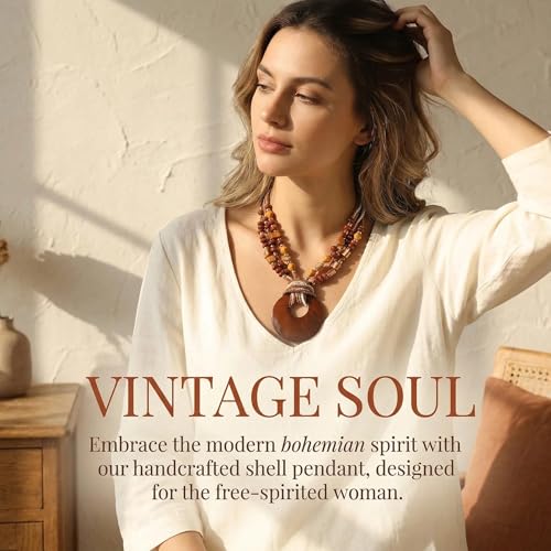 Coiris Shell Pendant Statement Strand Necklace for Women Boho Multi Beads Natural Stone Colorful Necklace Bohemian Handmade Chunky Shell Beaded Collar Jewelry for Women - color: Brown