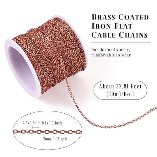 Cheriswelry 32.81Feet/10m Brass Twisted Chain Red Copper Soldered Curb Chain Iron Extender Link Chain 2.5x2x0.3mm for DIY Jewelry Making Mother’s Day Necklace Bracelet - color: Red Copper