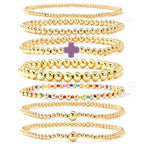 14K Gold Beaded Cross Beaded Bracelet Stack Set for Women,7PCS Bohemian Colorful Beads Ball Stretch Stackable Bracelets Trendy Holiday Birthday Gift - color: Purple