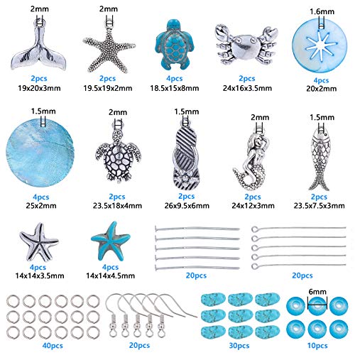 SUNNYCLUE 1 Box DIY 10 Pairs Starfish Mermaid Turquoise Earring Making Starter Kit Ocean Beach Summer Theme Earrings Synthetic Turquoise Beads Turtle Fish Crab Slipper Charm for DIY Jewelry Making - color: Ocean Earrings 4