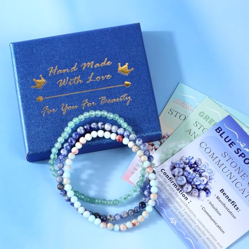 2/3-Pieces 4mm 6mm 8mm Natural Crystal Gemstone – Handmade Reiki Energy Healing Stretch Bracelets Jewelry for Yoga, Meditation, Unisex - color: 3 Pieces (AgalmatoliteJasper&BlueSpot&GreenAventurine), size: 4mm