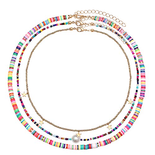 Surfer Heishi Bead Choker Necklace for Woman Star Pearl Polymer Clay Record Disc Beads Layered Necklace Boho Beach Necklace jewelry - color: rainbow