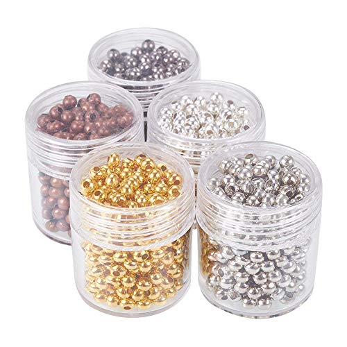 PH PandaHall 1350pcs 3mm Spacer Beads, Smooth Tiny Spacers Metal Iron Round Ball Loose Beads Gold Plated Seed Beads for Summer Hawaii Stackable Earring Necklace Bracelet Jewelry Making 5 Color